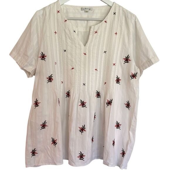 Orvis white cotton pleated embroidered floral blouse XL - Picture 2 of 10